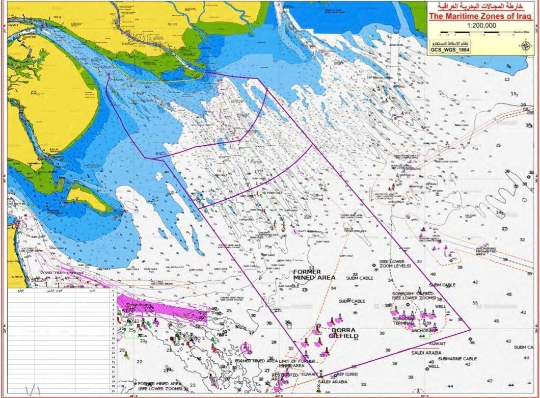 بعد سنوات من الجدل.. العراق يثبت حدوده البحرية بخارطة جديدة تمنحه الحق القانوني للتنقيب عن الغاز في حقل الدرة وحماية ممراته في خور عبد الله
